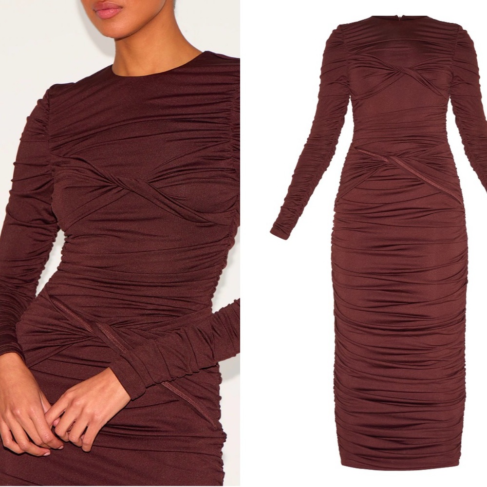 Brown Long Sleeve Ruched Bodycon Cocktail Dress